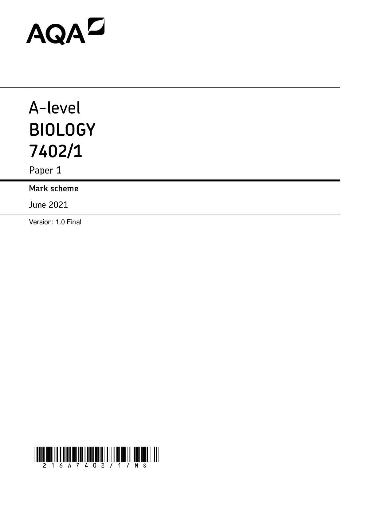 Preview image for AQA A-level BIOLOGY 7402/1 Paper 1 Mark scheme June 2021 Version: 1.0 Final